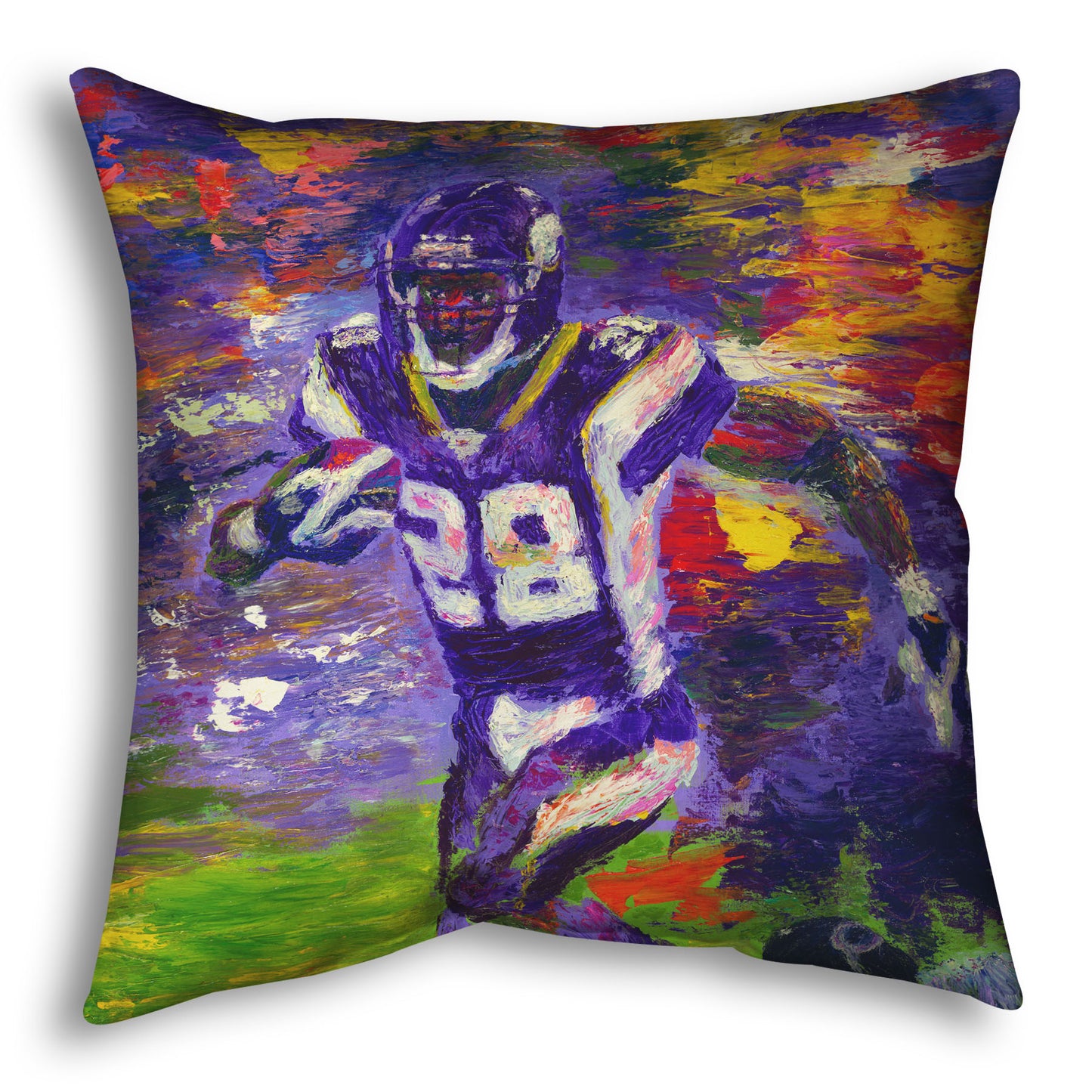 A throw pillow designed with a painting of football player Adrian Peterson running across the field with the ball.