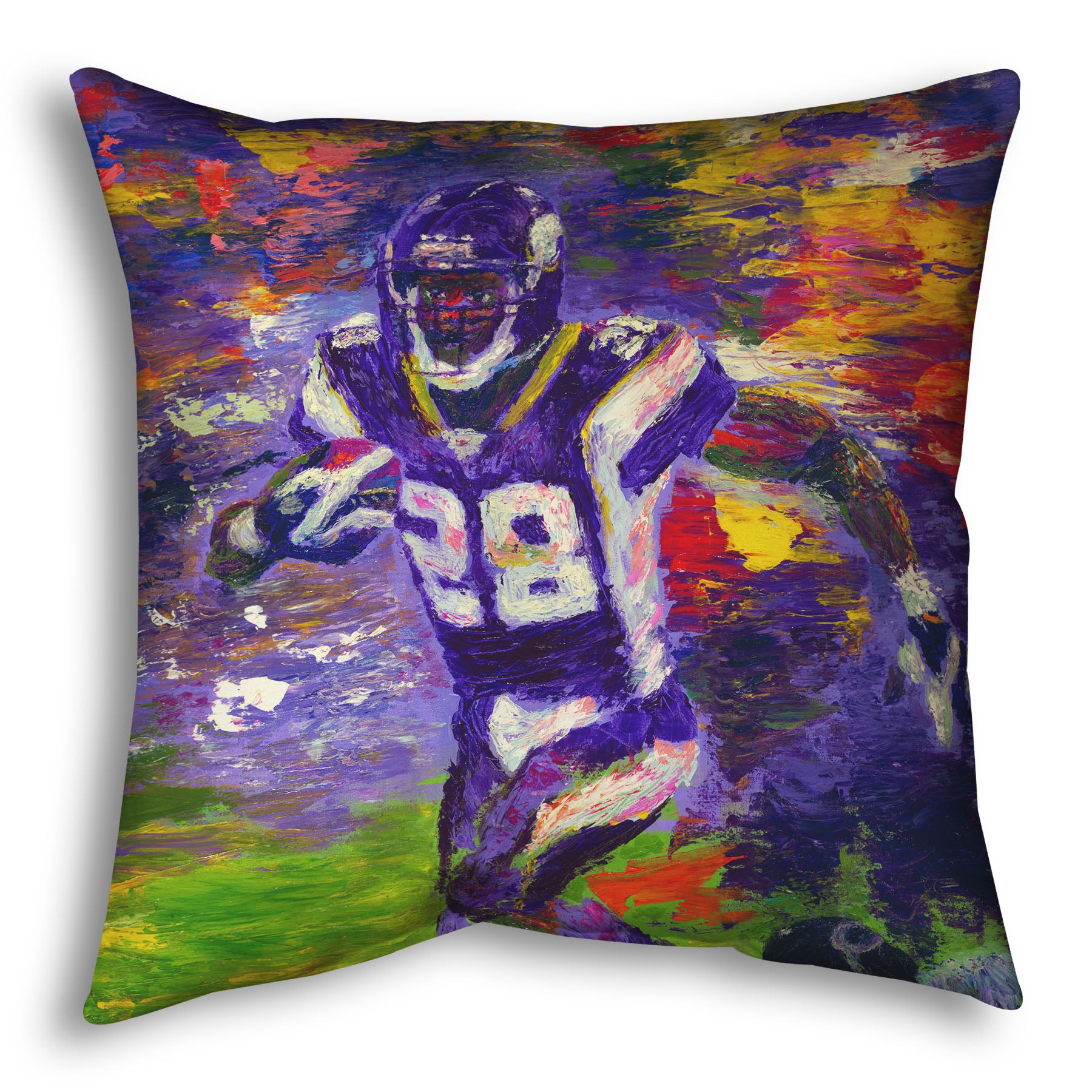 A throw pillow designed with a painting of football player Adrian Peterson running across the field with the ball.