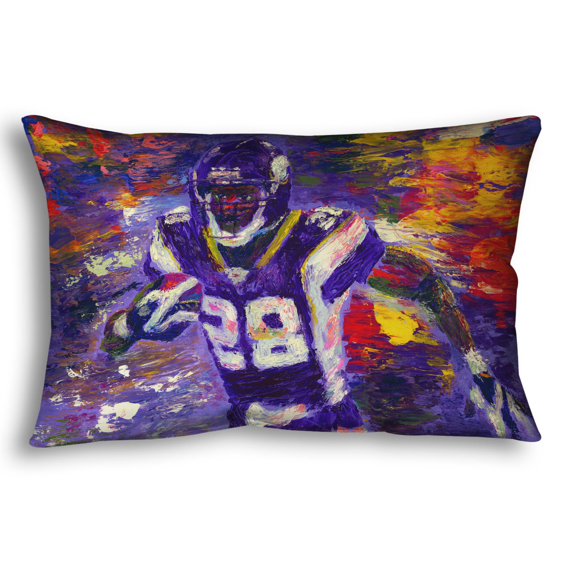 A throw pillow designed with a painting of football player Adrian Peterson running across the field with the ball.