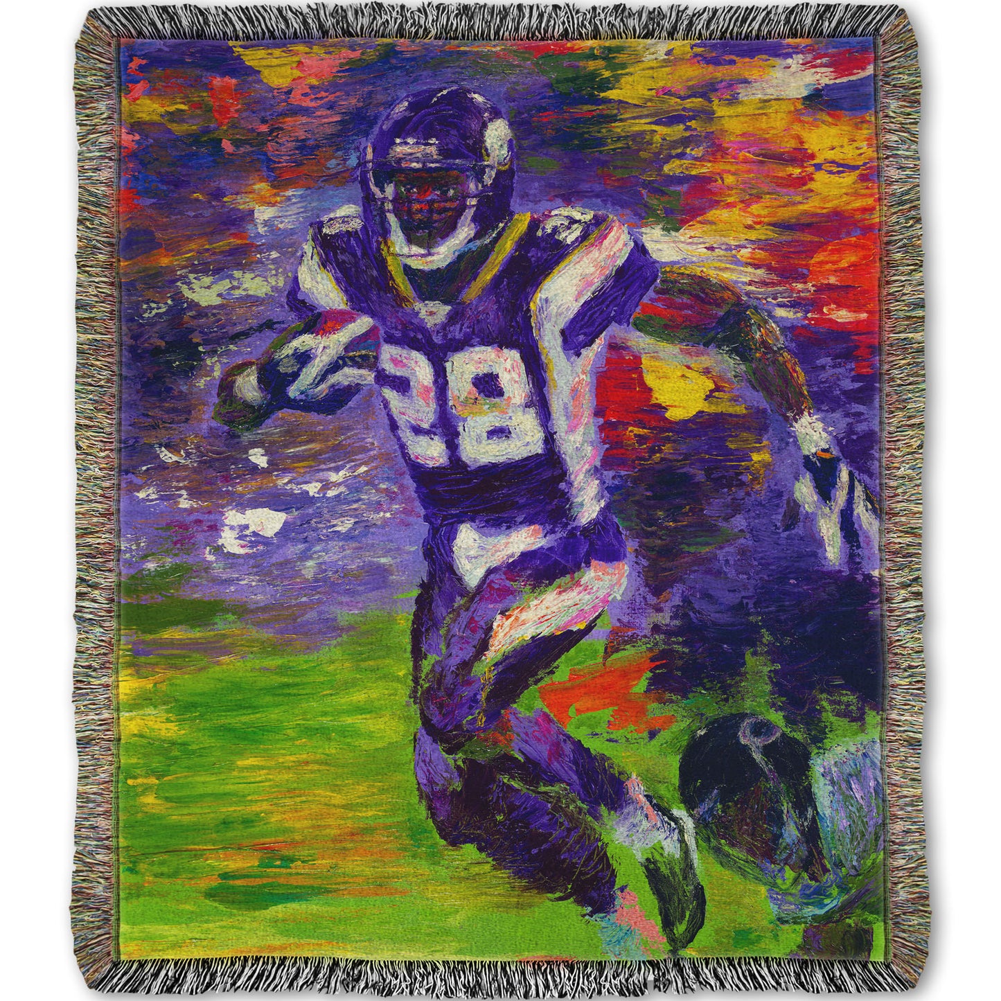 A woven throw blanket designed with a painting of football player Adrian Peterson running across the field with the ball.