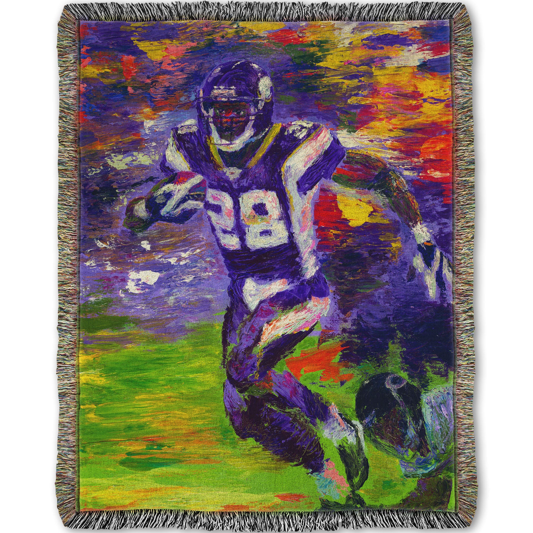 A woven throw blanket designed with a painting of football player Adrian Peterson running across the field with the ball.