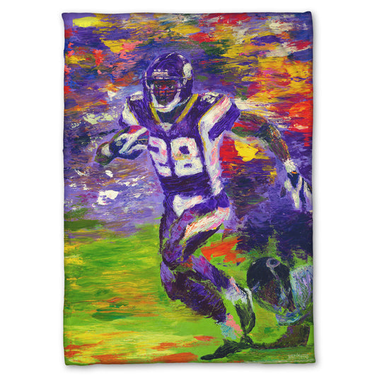 A fleece throw blanket designed with a painting of football player Adrian Peterson running across the field with the ball.