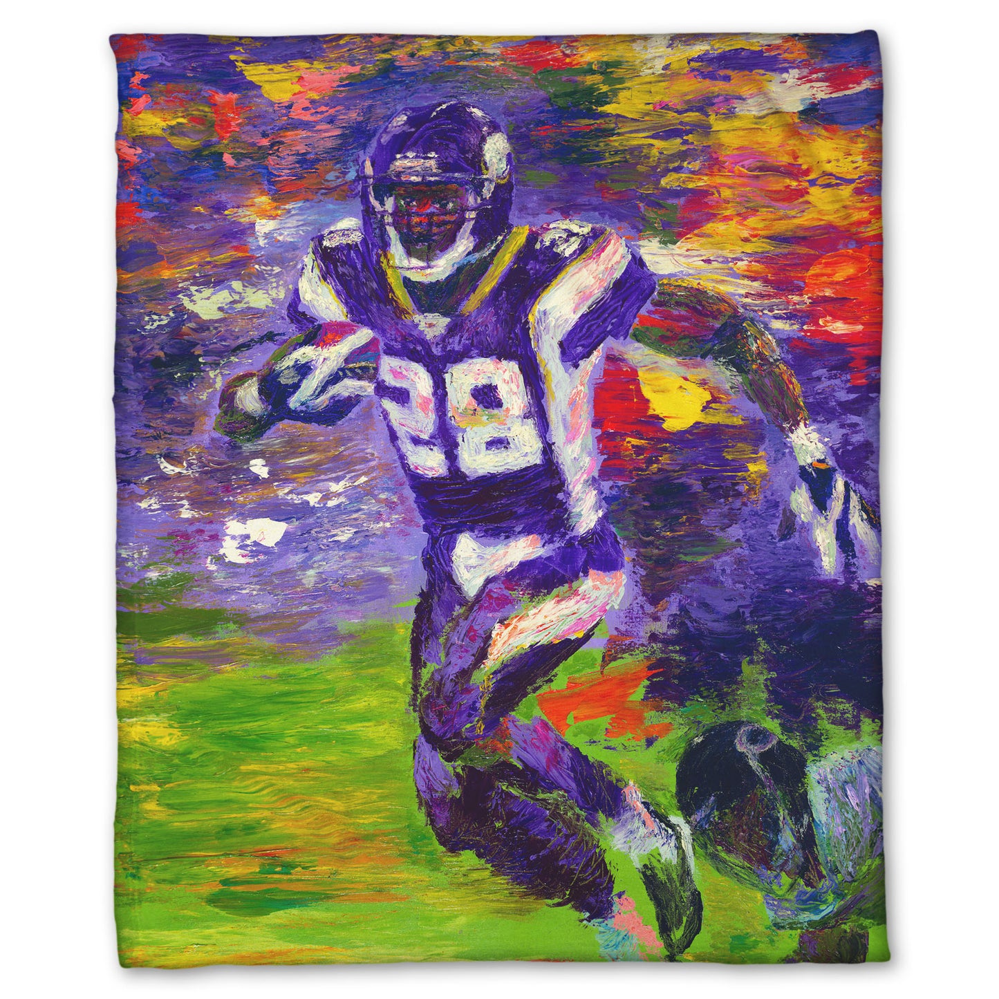 A fleece throw blanket designed with a painting of football player Adrian Peterson running across the field with the ball.