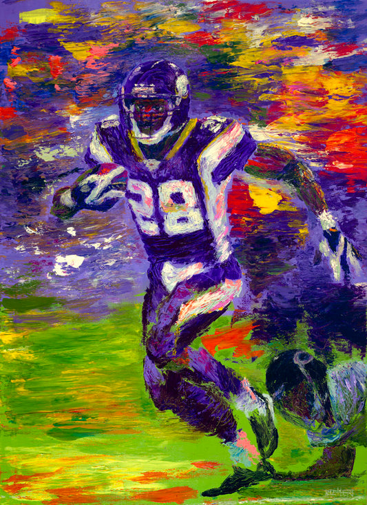A painting of football player Adrian Peterson running across the field with the ball.