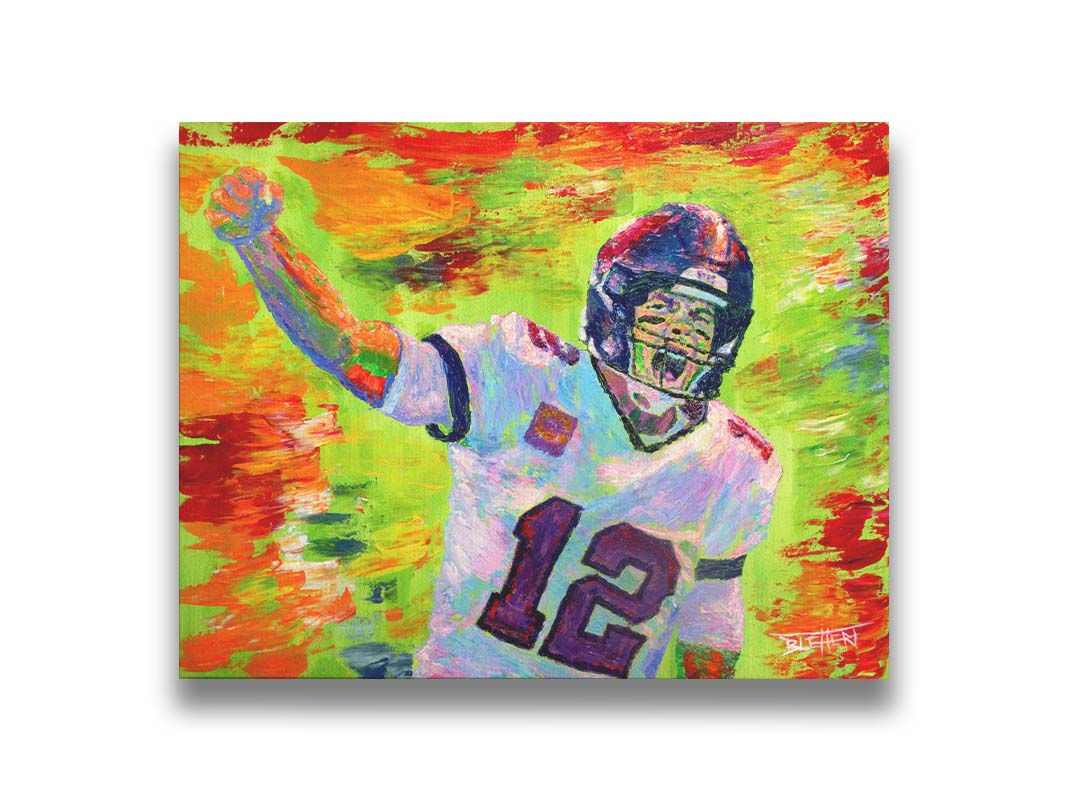 A painting of American football player Tom Brady yelling with his fist in the air, rallying his teammates. Arbitrary colors and visible brushstrokes add to the energy of this painting, alongside the bright greens, reds, and oranges of the backdrop. Printed on canvas.