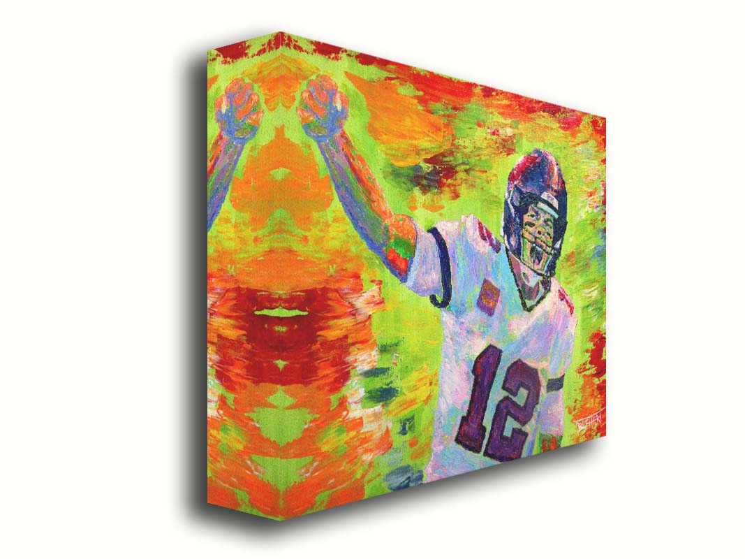 A painting of American football player Tom Brady yelling with his fist in the air, rallying his teammates. Arbitrary colors and visible brushstrokes add to the energy of this painting, alongside the bright greens, reds, and oranges of the backdrop. Printed on canvas.