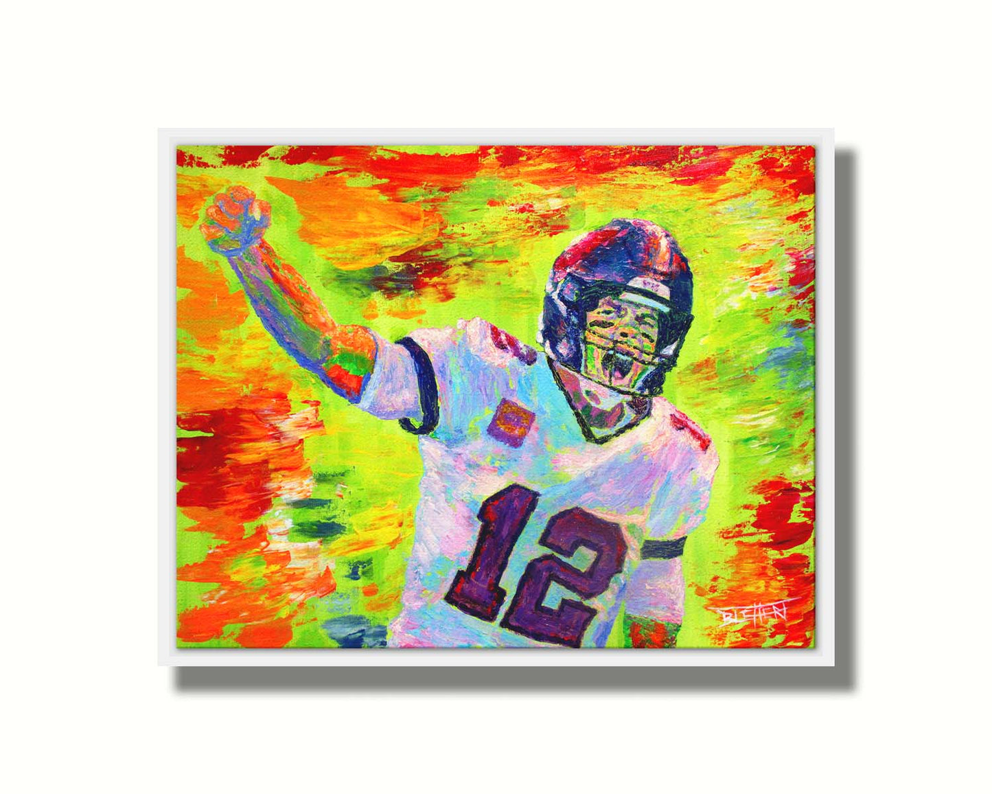 A painting of American football player Tom Brady yelling with his fist in the air, rallying his teammates. Arbitrary colors and visible brushstrokes add to the energy of this painting, alongside the bright greens, reds, and oranges of the backdrop. Printed on canvas in a float frame.