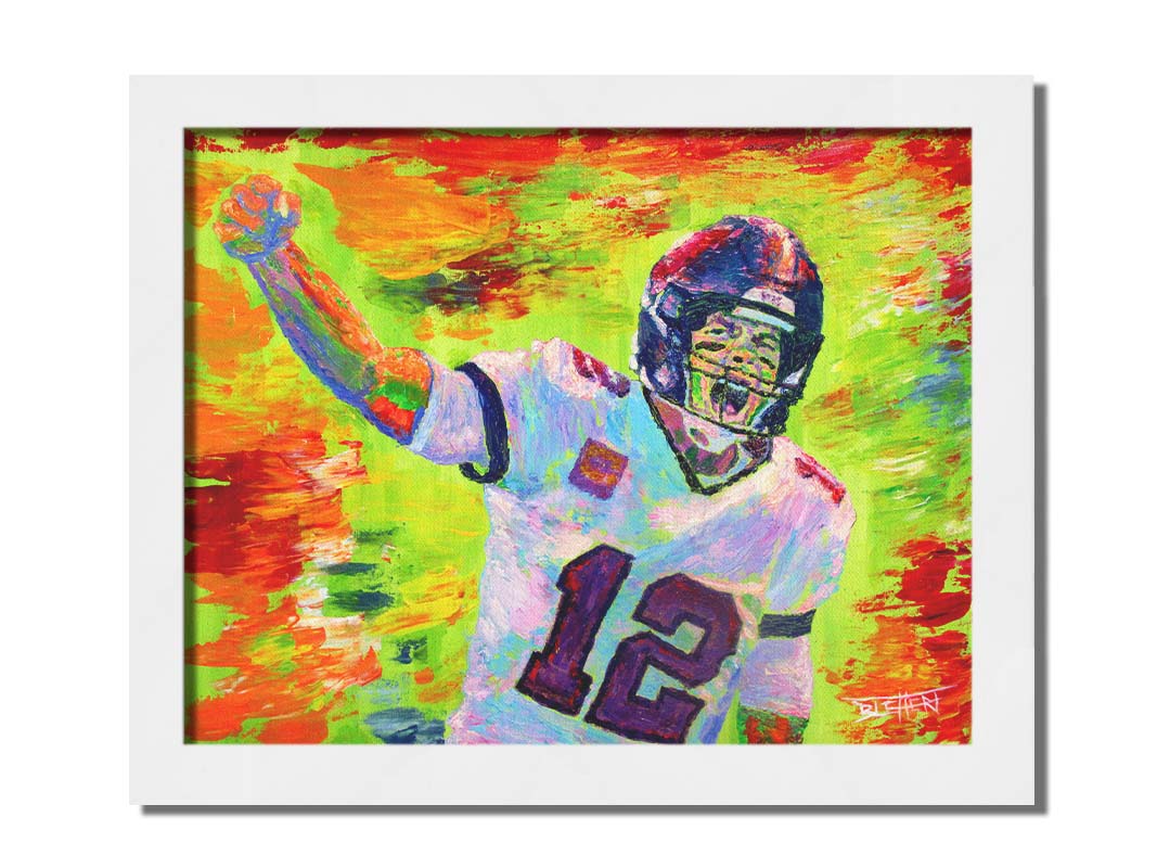 A painting of American football player Tom Brady yelling with his fist in the air, rallying his teammates. Arbitrary colors and visible brushstrokes add to the energy of this painting, alongside the bright greens, reds, and oranges of the backdrop. Printed on canvas and framed.