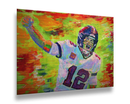 A painting of American football player Tom Brady yelling with his fist in the air, rallying his teammates. Arbitrary colors and visible brushstrokes add to the energy of this painting, alongside the bright greens, reds, and oranges of the backdrop. Printed on metal.