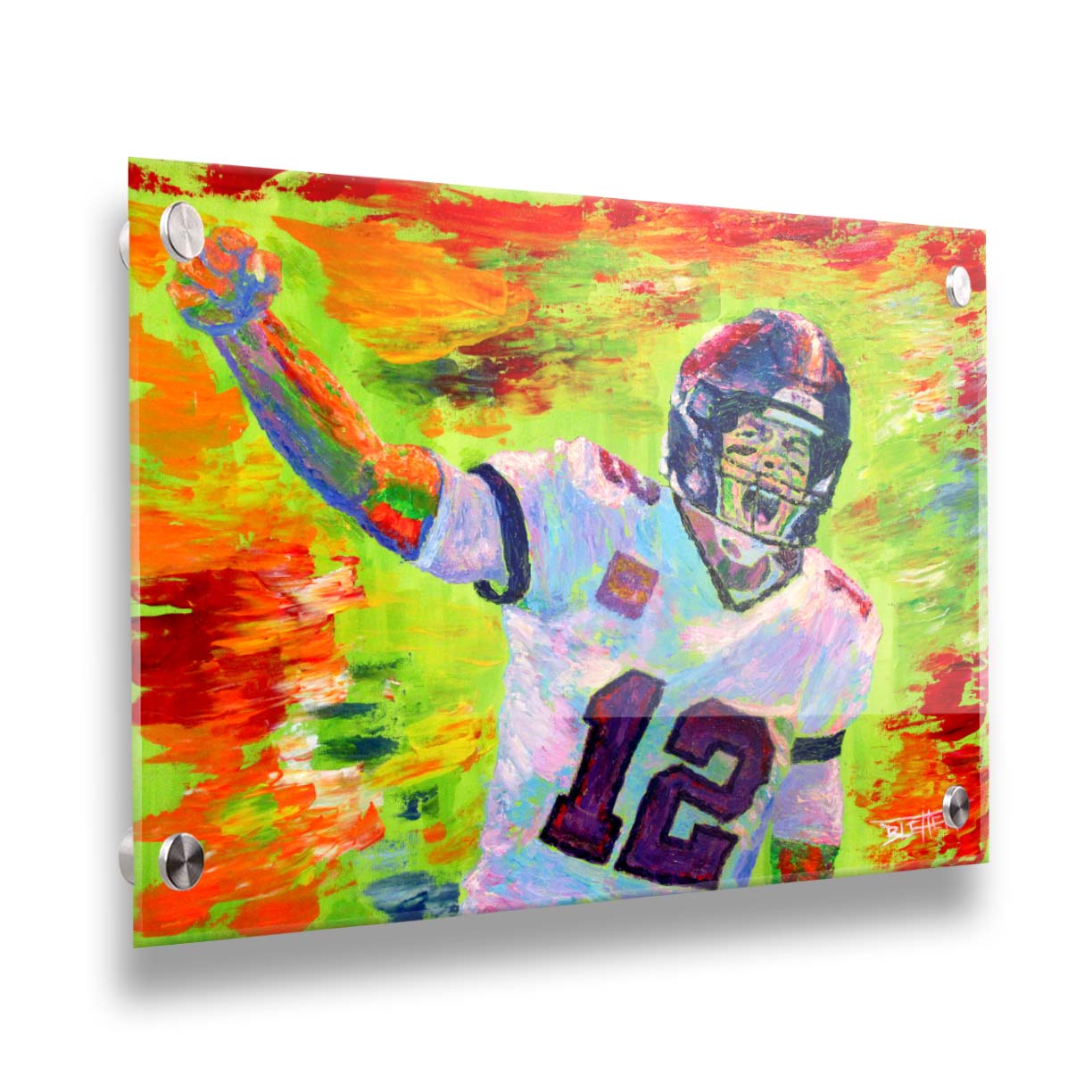 A painting of American football player Tom Brady yelling with his fist in the air, rallying his teammates. Arbitrary colors and visible brushstrokes add to the energy of this painting, alongside the bright greens, reds, and oranges of the backdrop. Printed on acrylic.