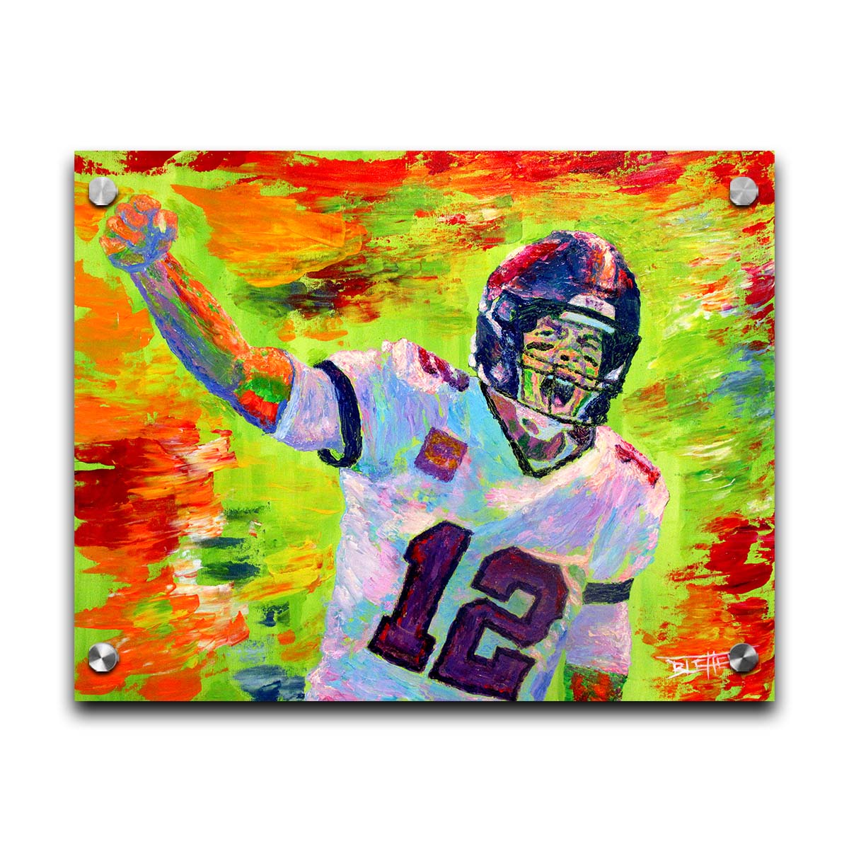 A painting of American football player Tom Brady yelling with his fist in the air, rallying his teammates. Arbitrary colors and visible brushstrokes add to the energy of this painting, alongside the bright greens, reds, and oranges of the backdrop. Printed on acrylic.