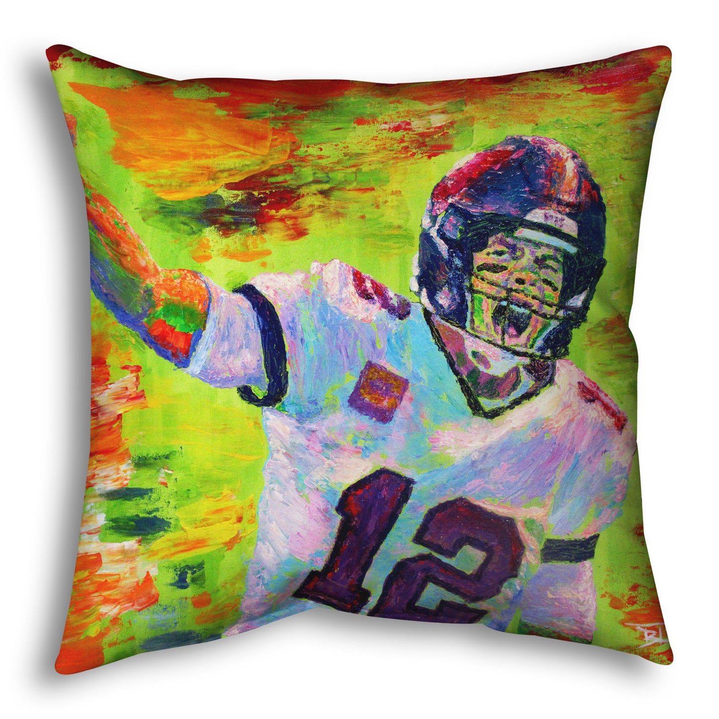 A throw pillow designed with a painting of American football player Tom Brady yelling with his fist in the air, rallying his teammates. Arbitrary colors and visible brushstrokes add to the energy of this painting, alongside the bright greens, reds, and oranges of the backdrop.