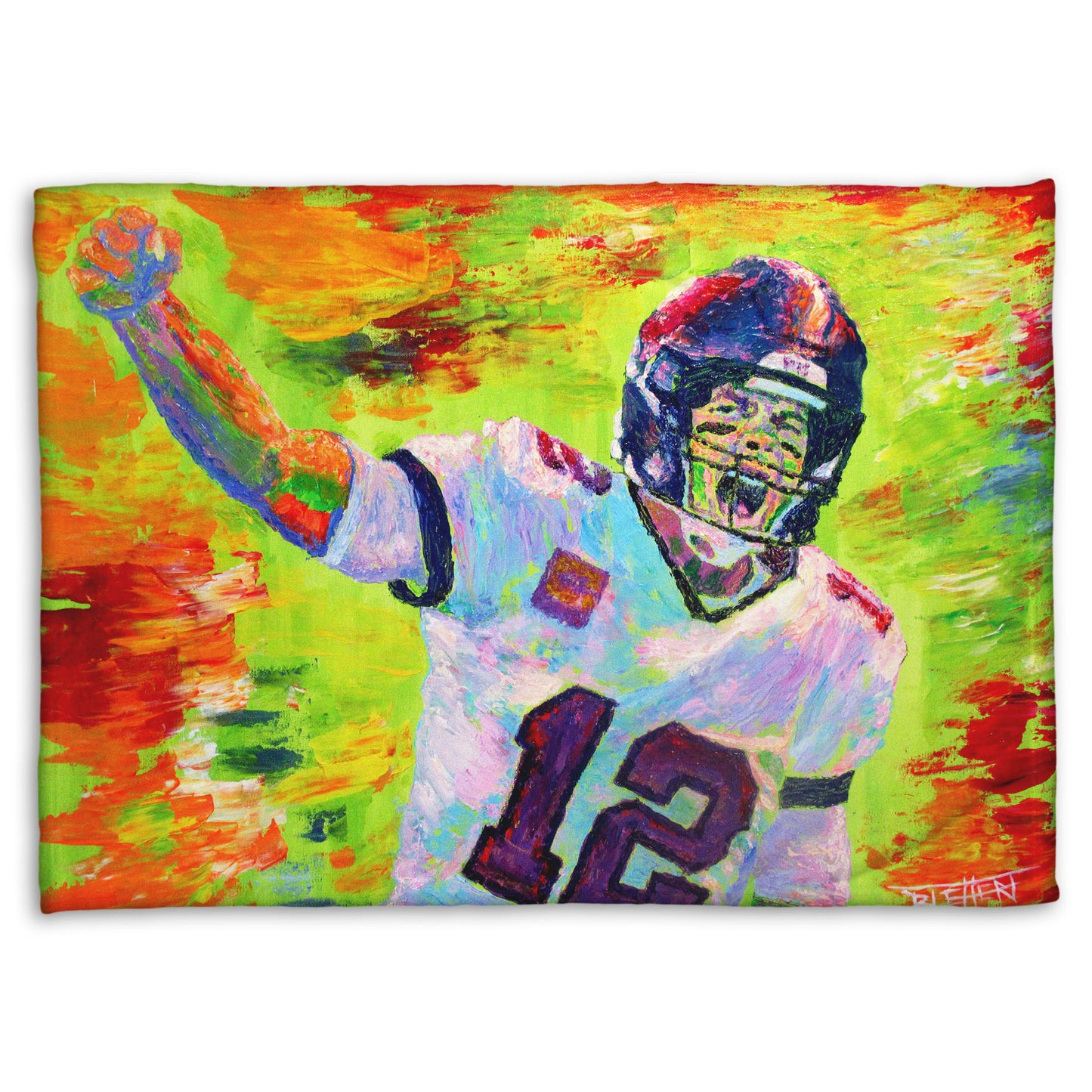 A fleece blanket designed with a painting of American football player Tom Brady yelling with his fist in the air, rallying his teammates. Arbitrary colors and visible brushstrokes add to the energy of this painting, alongside the bright greens, reds, and oranges of the backdrop.