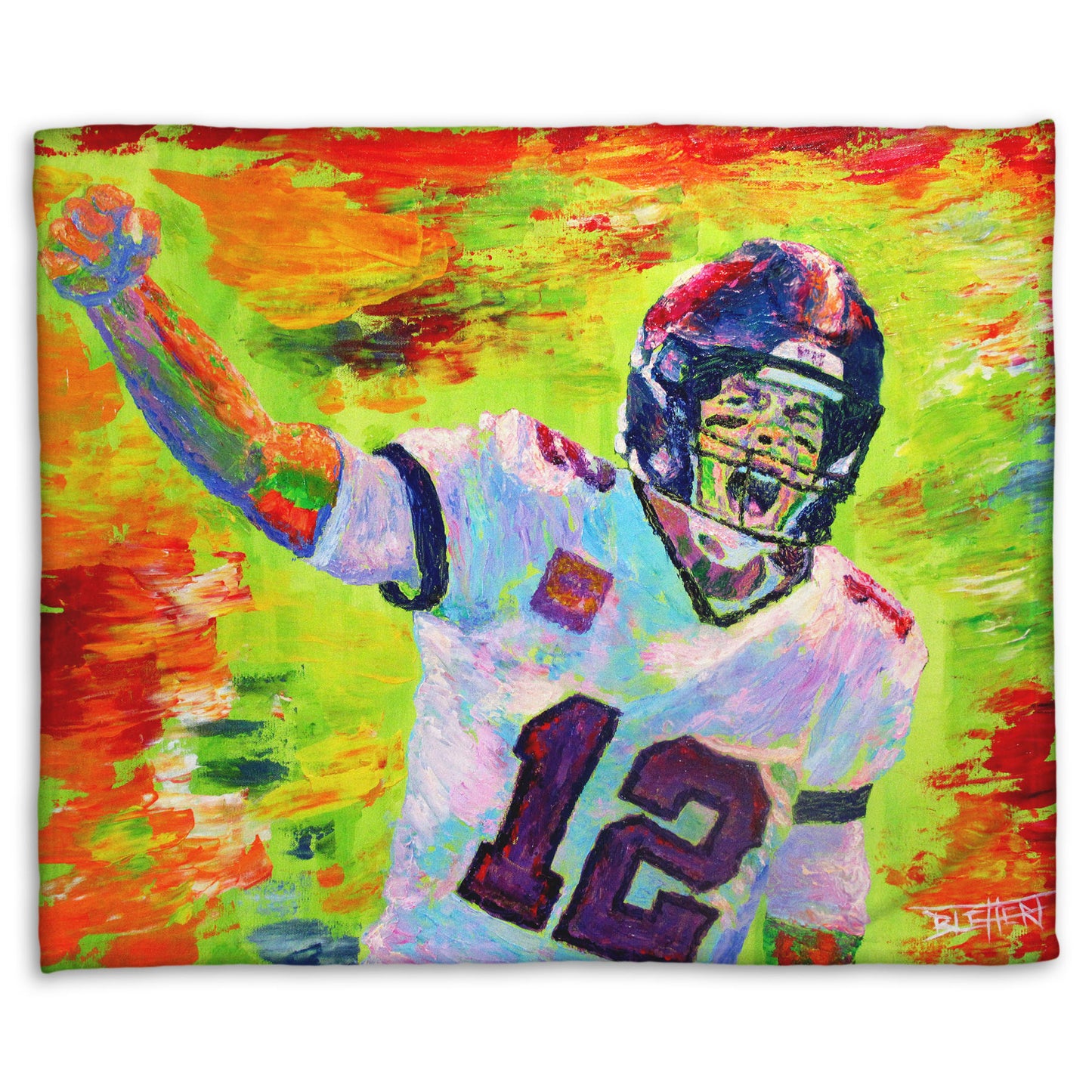 A fleece blanket designed with a painting of American football player Tom Brady yelling with his fist in the air, rallying his teammates. Arbitrary colors and visible brushstrokes add to the energy of this painting, alongside the bright greens, reds, and oranges of the backdrop.