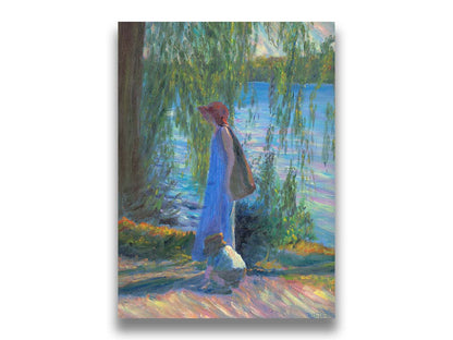 A painting of a woman walking by a lake with a child, who is playing in the dirt. Printed on canvas.