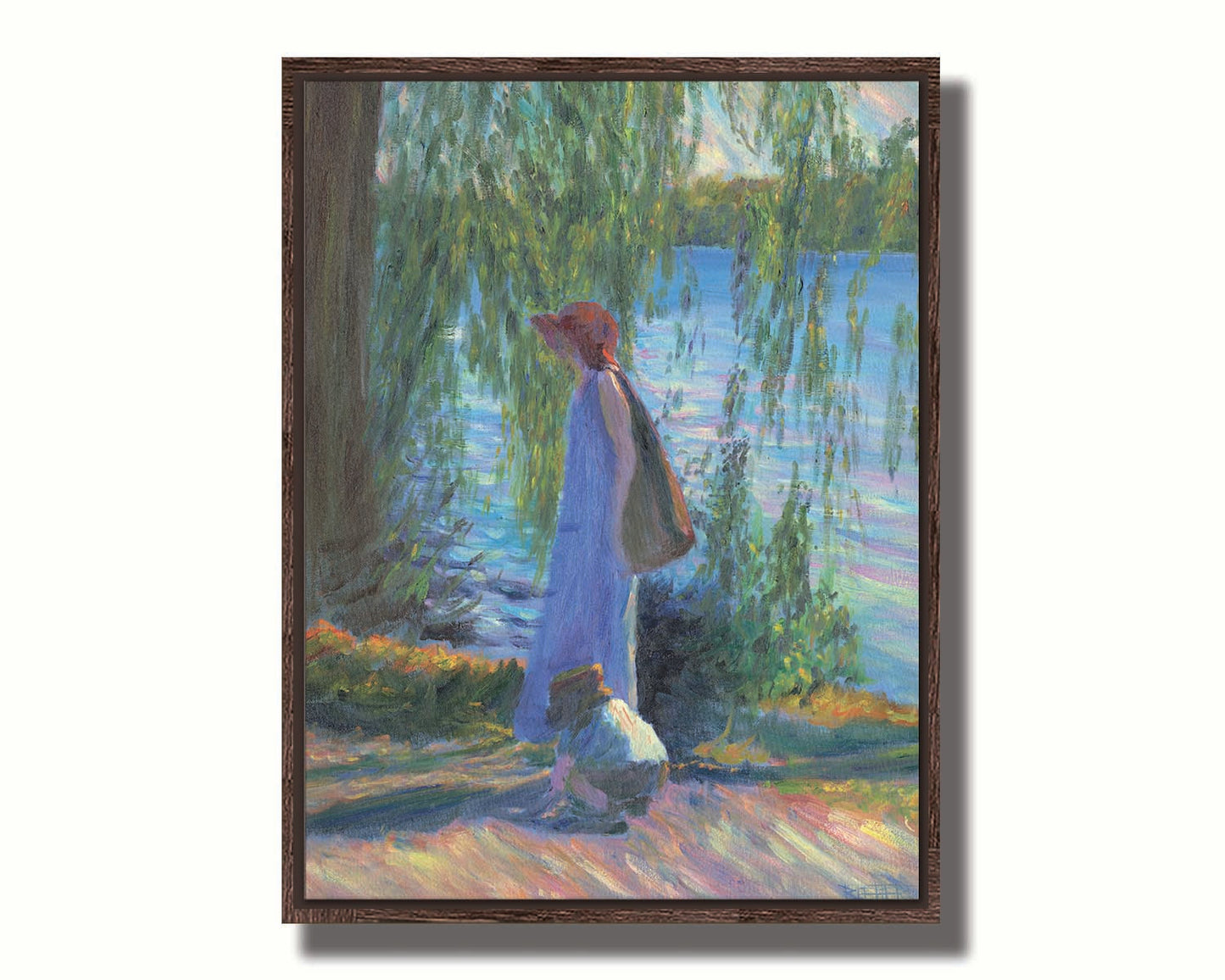 A painting of a woman walking by a lake with a child, who is playing in the dirt. Printed on canvas in a float frame.