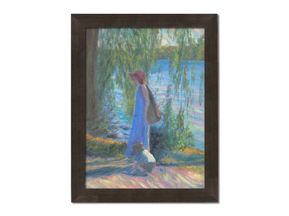 A painting of a woman walking by a lake with a child, who is playing in the dirt. Printed on canvas and framed.