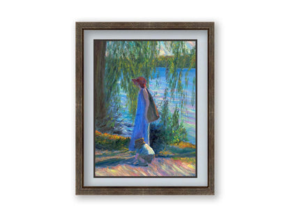 A painting of a woman walking by a lake with a child, who is playing in the dirt. Printed on paper, matted, and framed.