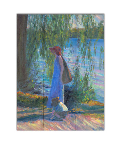 A painting of a woman walking by a lake with a child, who is playing in the dirt. Printed on a box board.