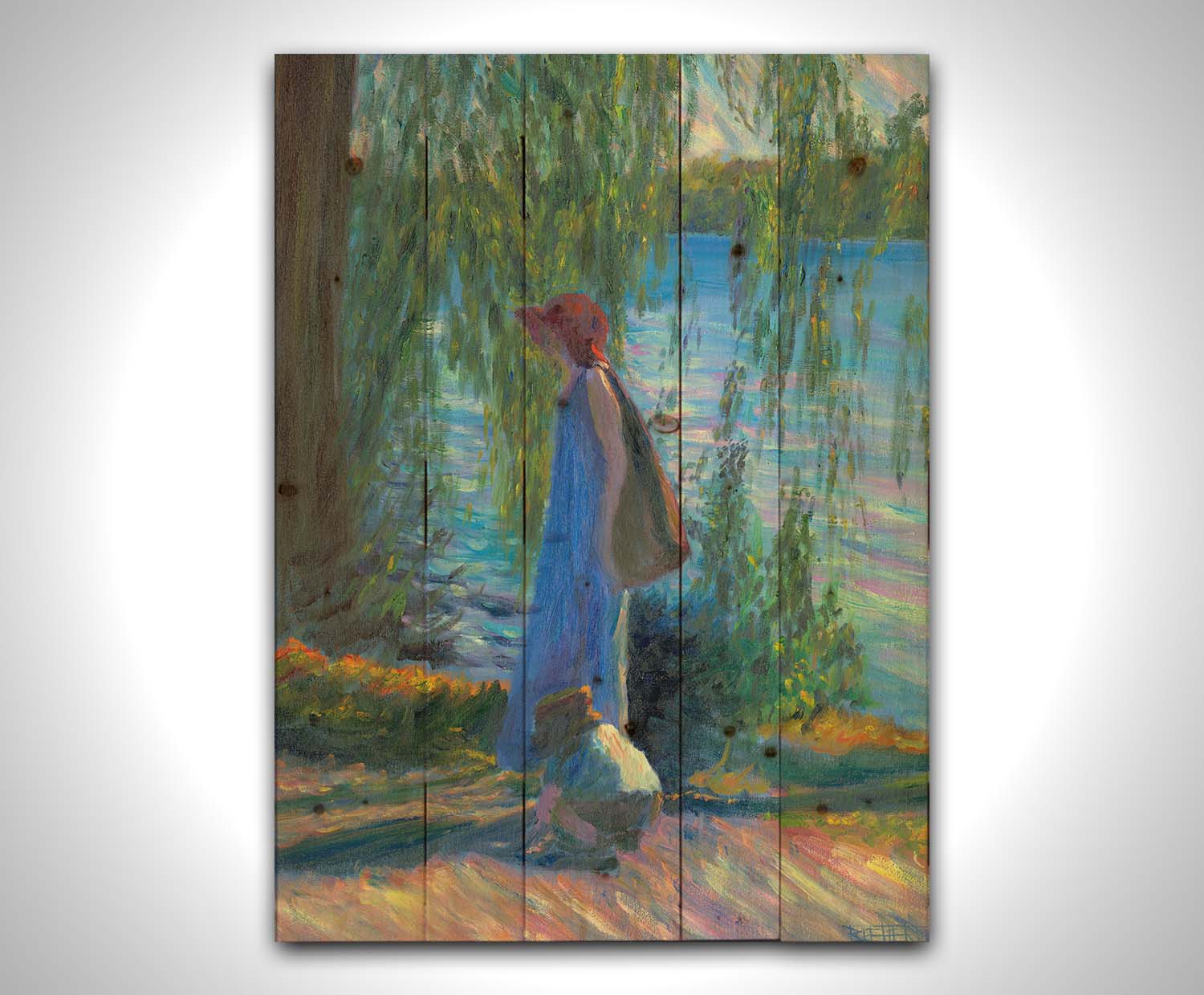 A painting of a woman walking by a lake with a child, who is playing in the dirt. Printed on a wood pallet.