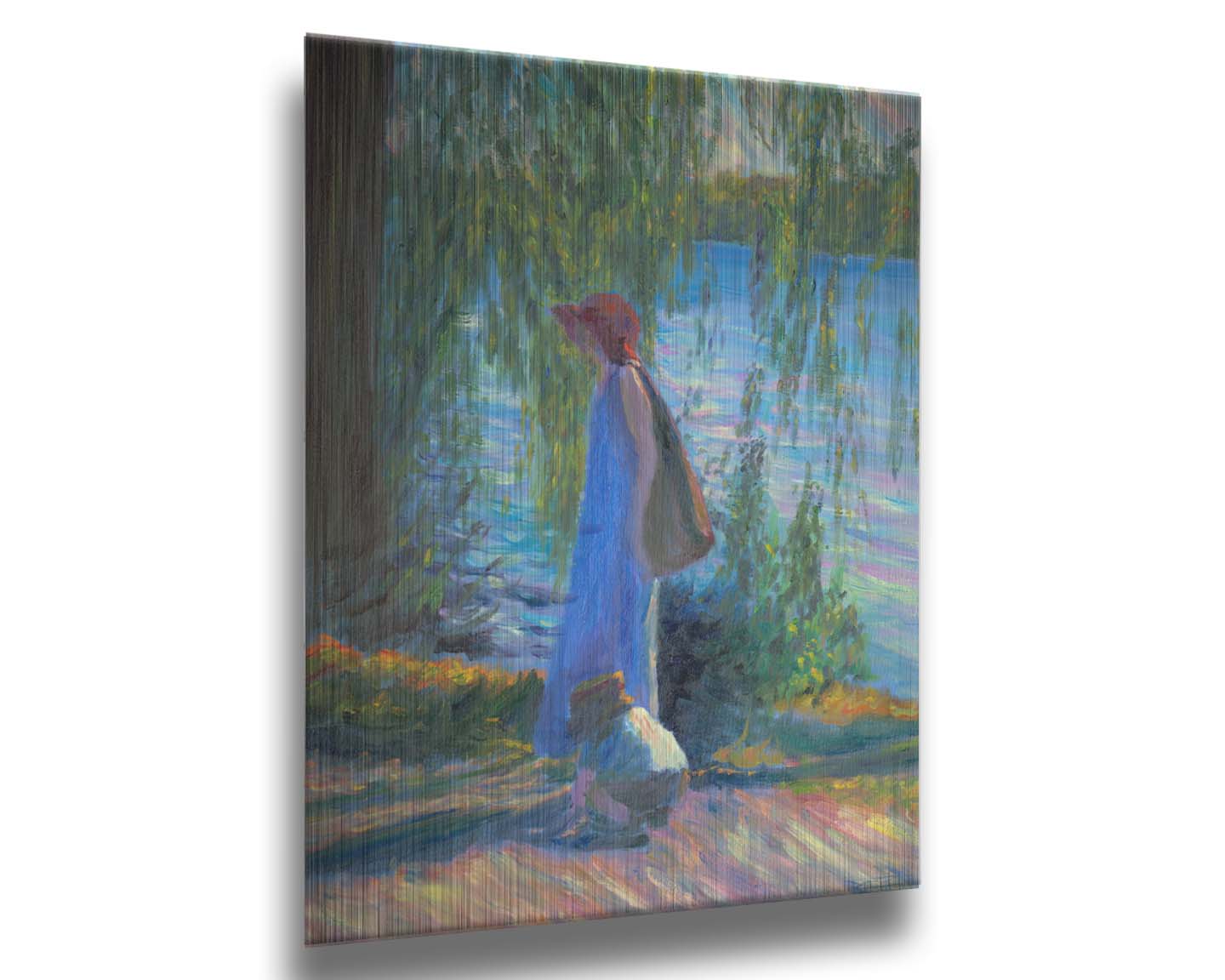 A painting of a woman walking by a lake with a child, who is playing in the dirt. Printed on metal.