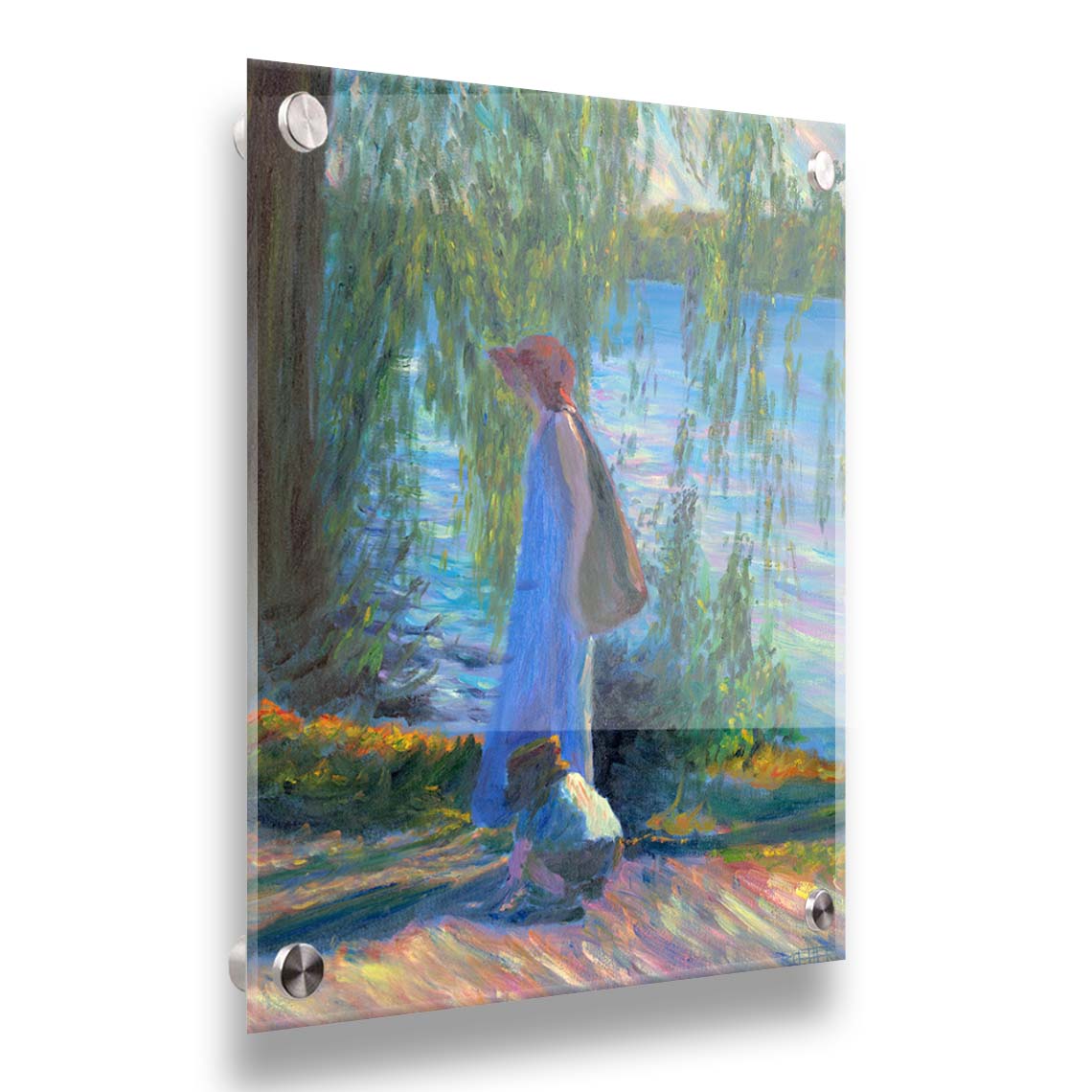 A painting of a woman walking by a lake with a child, who is playing in the dirt. Printed on acryilc.