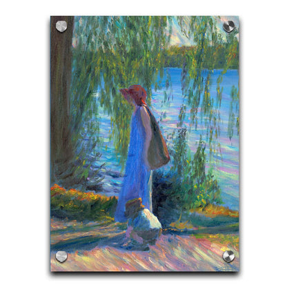 A painting of a woman walking by a lake with a child, who is playing in the dirt. Printed on acrylic.