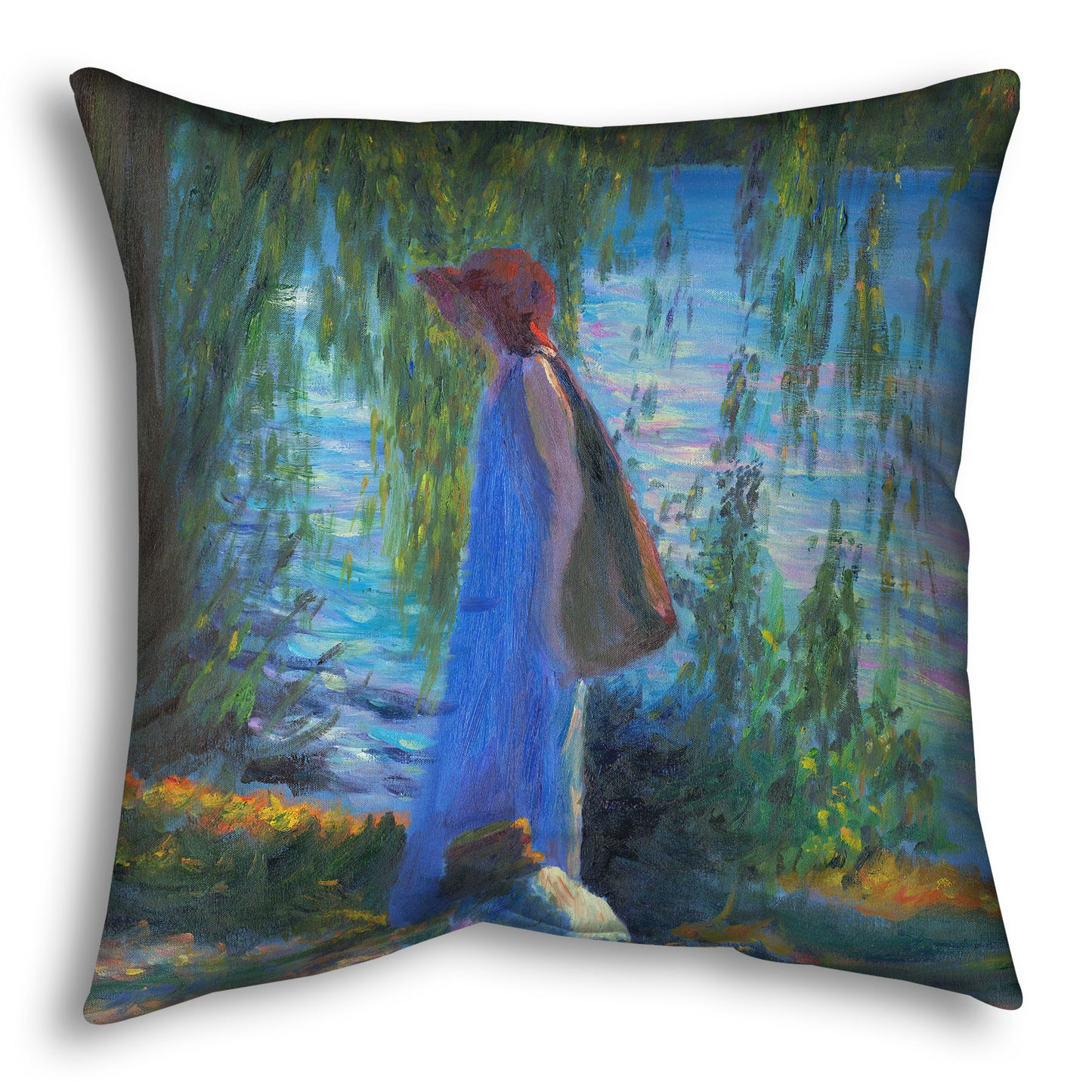 Throw pillow designed with a painting of a woman walking by a lake with a child, who is playing in the dirt.