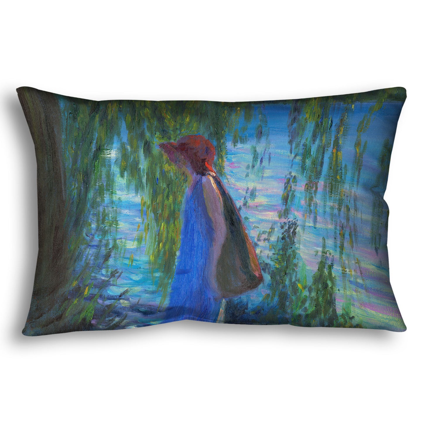 Throw pillow designed with a painting of a woman walking by a lake with a child, who is playing in the dirt.