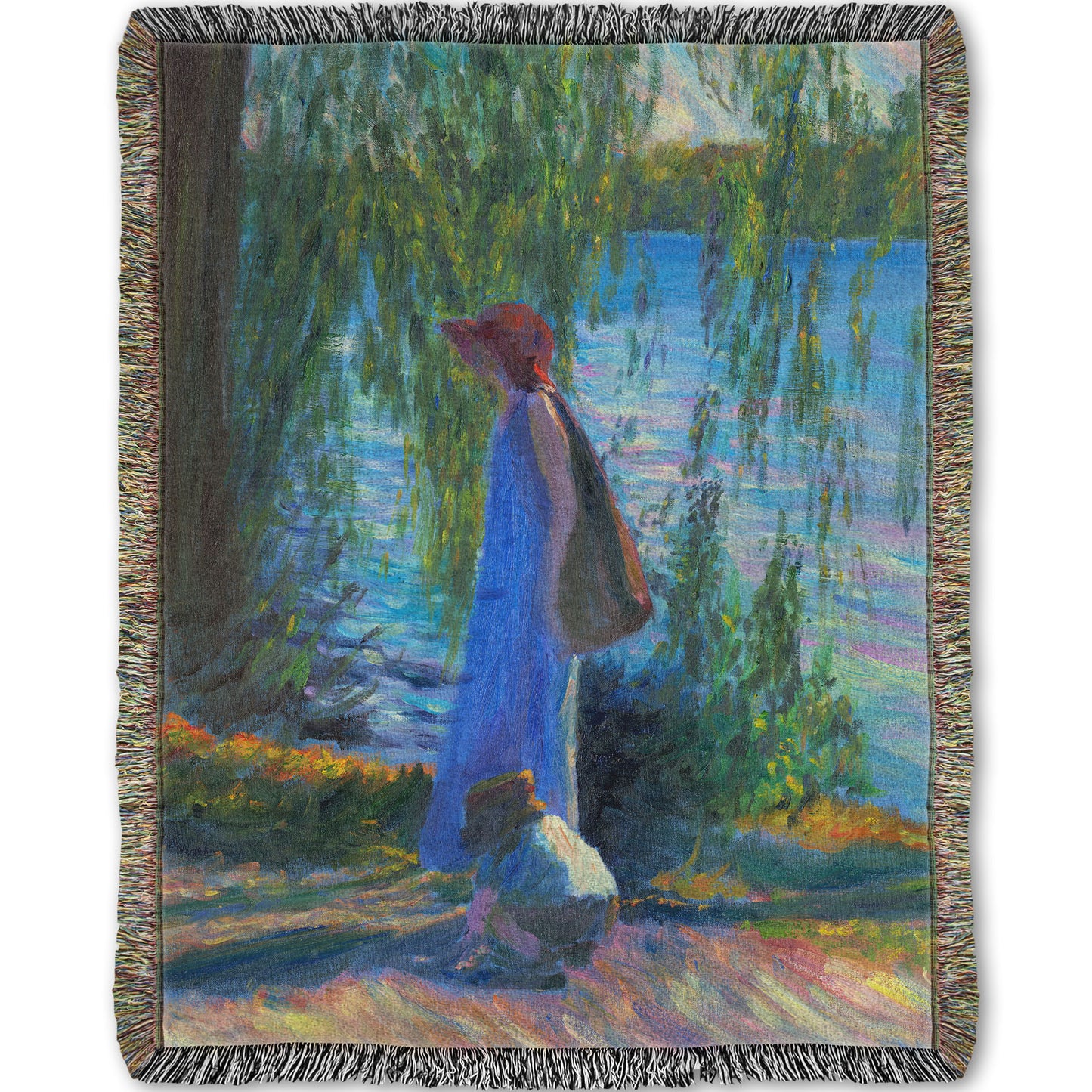 Woven throw blanket designed with a painting of a woman walking by a lake with a child, who is playing in the dirt.