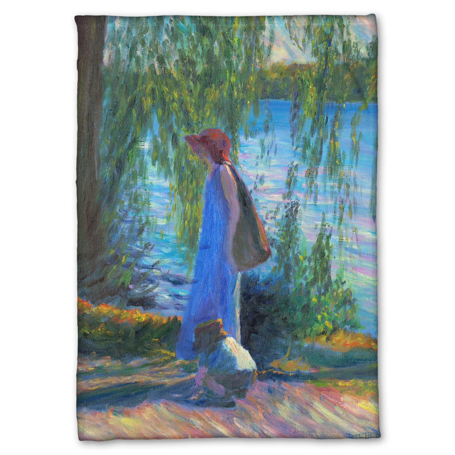 Fleece blanket designed with a painting of a woman walking by a lake with a child, who is playing in the dirt.