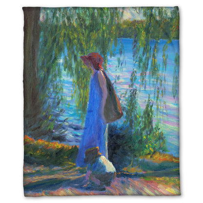 Fleece blanket designed with a painting of a woman walking by a lake with a child, who is playing in the dirt.