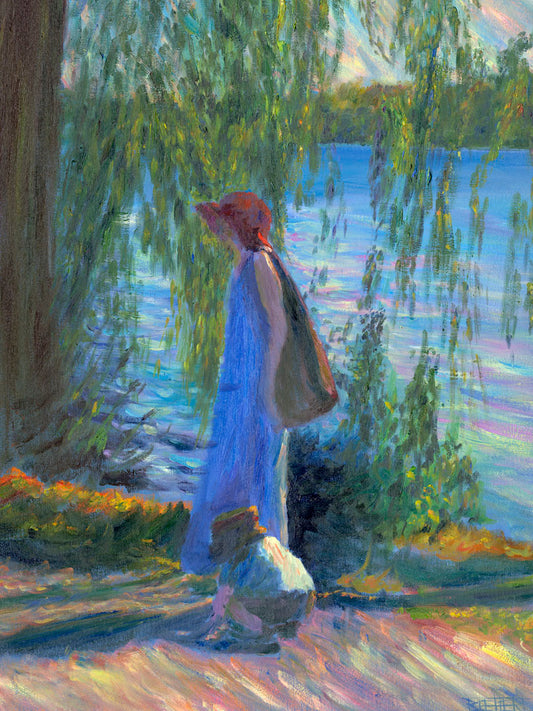 A painting of a woman walking by a lake with a child, who is playing in the dirt.