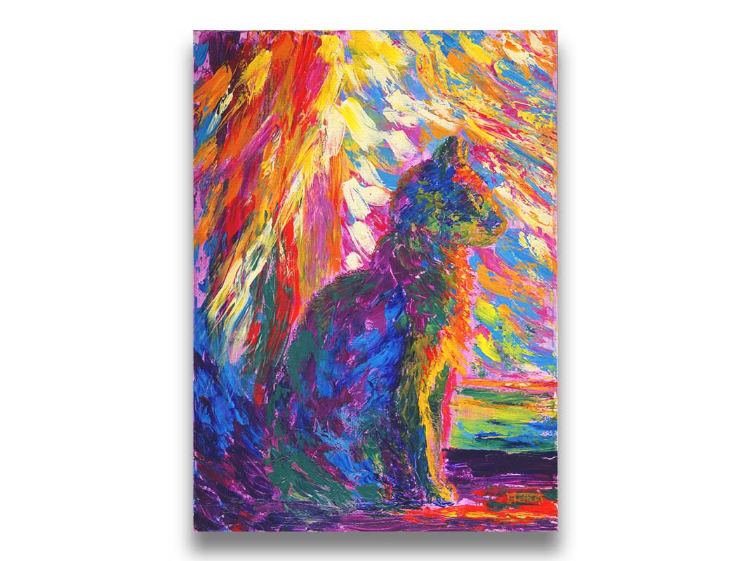 An abstracted painting of a cat, created using a rainbow of vibrant arbitrary colors in wide, visible brushstrokes. Printed on canvas.