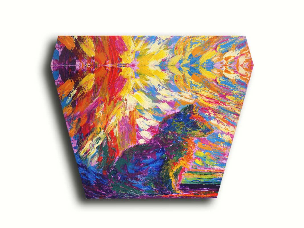 An abstracted painting of a cat, created using a rainbow of vibrant arbitrary colors in wide, visible brushstrokes. Printed on canvas.