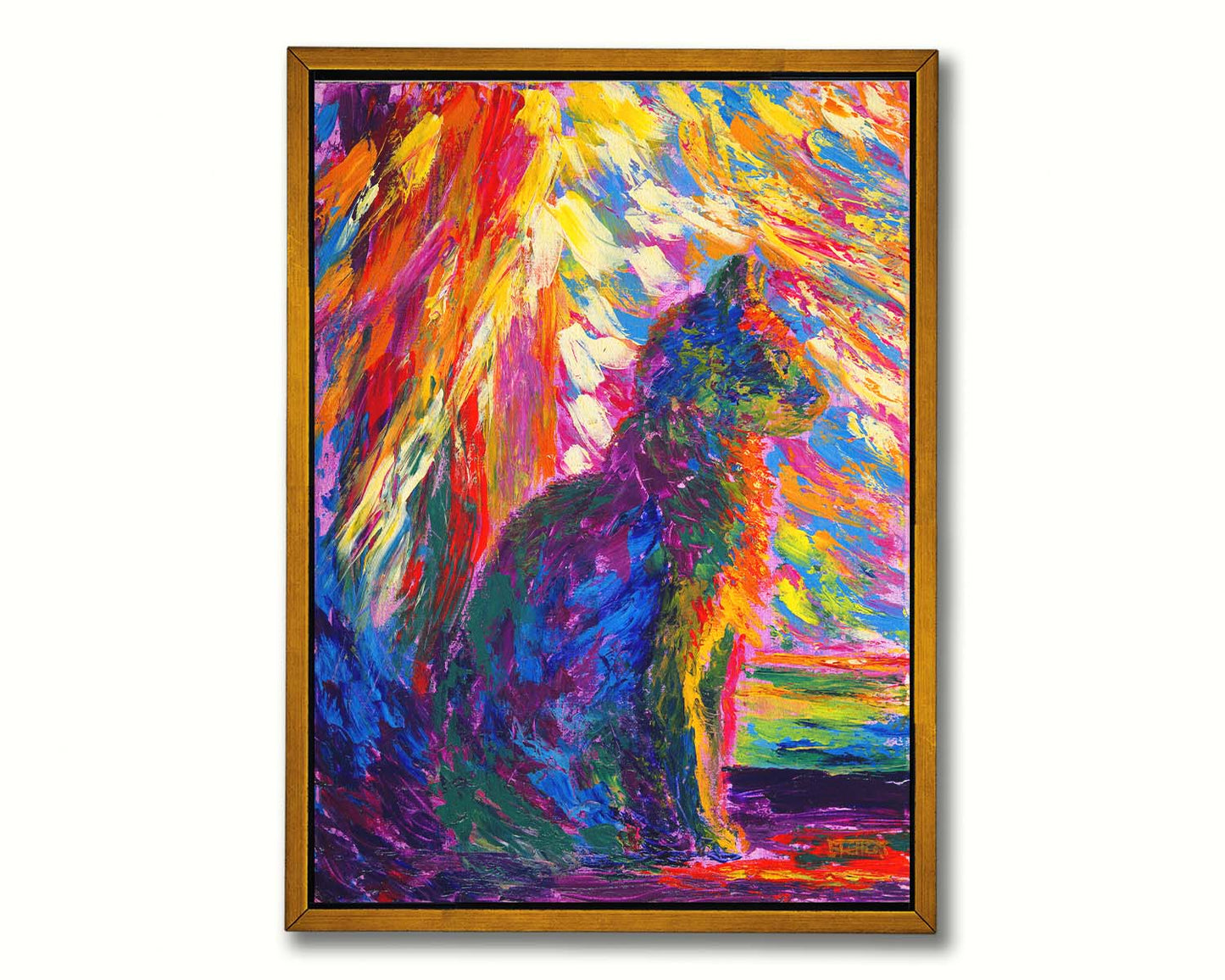 An abstracted painting of a cat, created using a rainbow of vibrant arbitrary colors in wide, visible brushstrokes. Printed on canvas in a float frame.