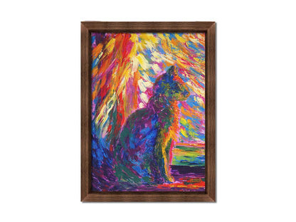 An abstracted painting of a cat, created using a rainbow of vibrant arbitrary colors in wide, visible brushstrokes. Printed on canvas and framed.