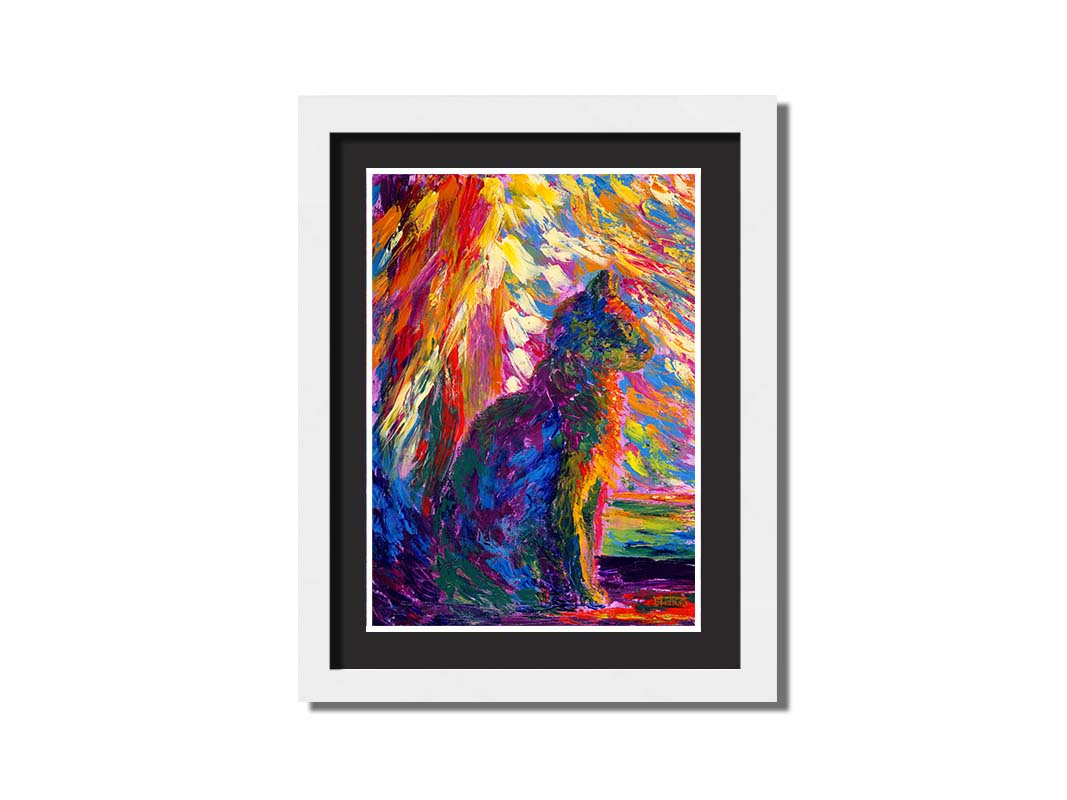 An abstracted painting of a cat, created using a rainbow of vibrant arbitrary colors in wide, visible brushstrokes. Printed on paper, matted, and framed.