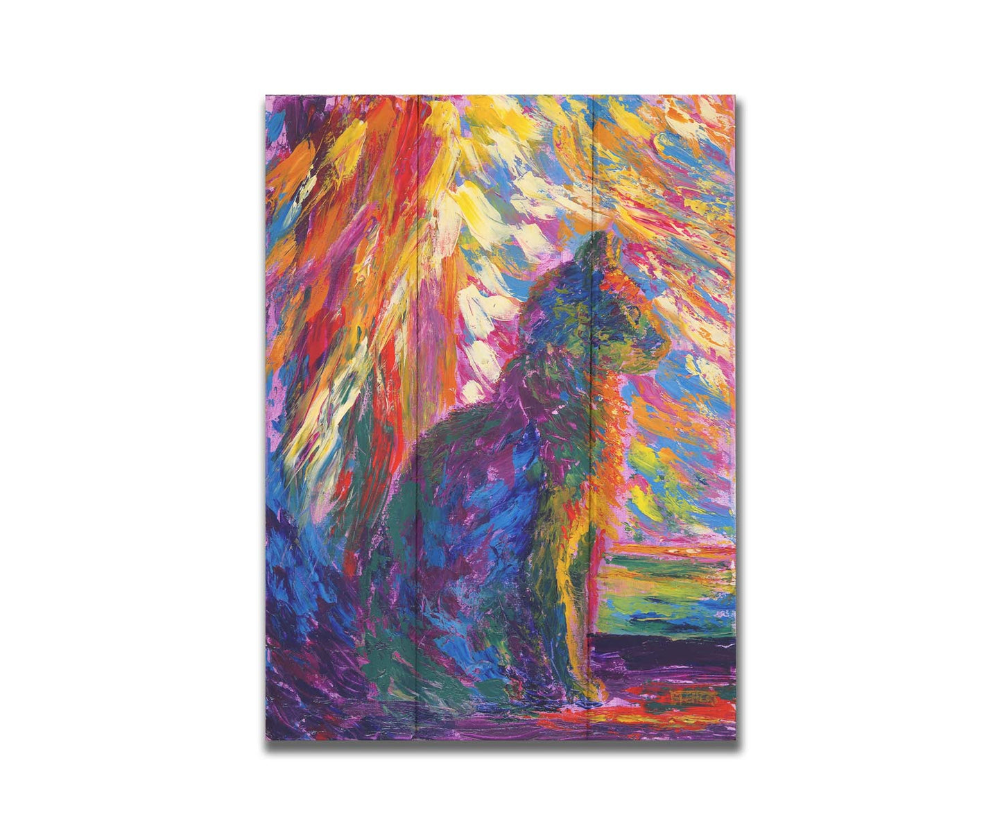 An abstracted painting of a cat, created using a rainbow of vibrant arbitrary colors in wide, visible brushstrokes. Printed on a box board.