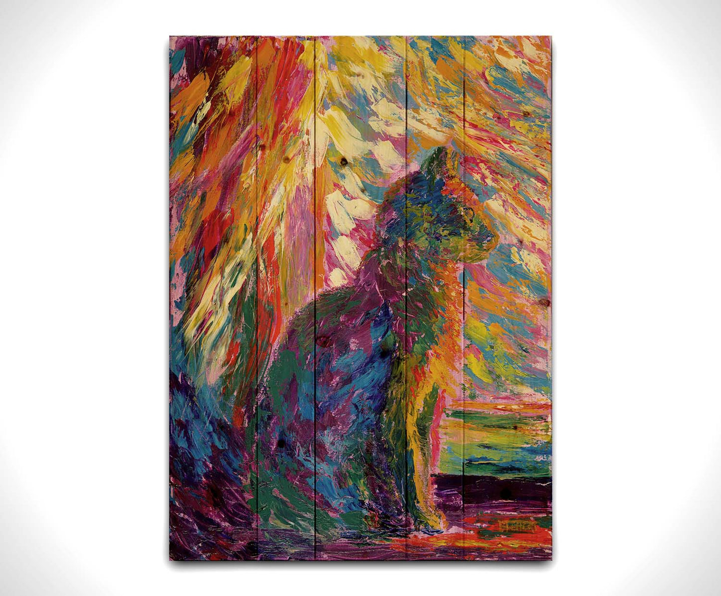 An abstracted painting of a cat, created using a rainbow of vibrant arbitrary colors in wide, visible brushstrokes. Printed on a wood pallet.