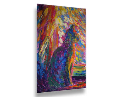 An abstracted painting of a cat, created using a rainbow of vibrant arbitrary colors in wide, visible brushstrokes. Printed on metal.