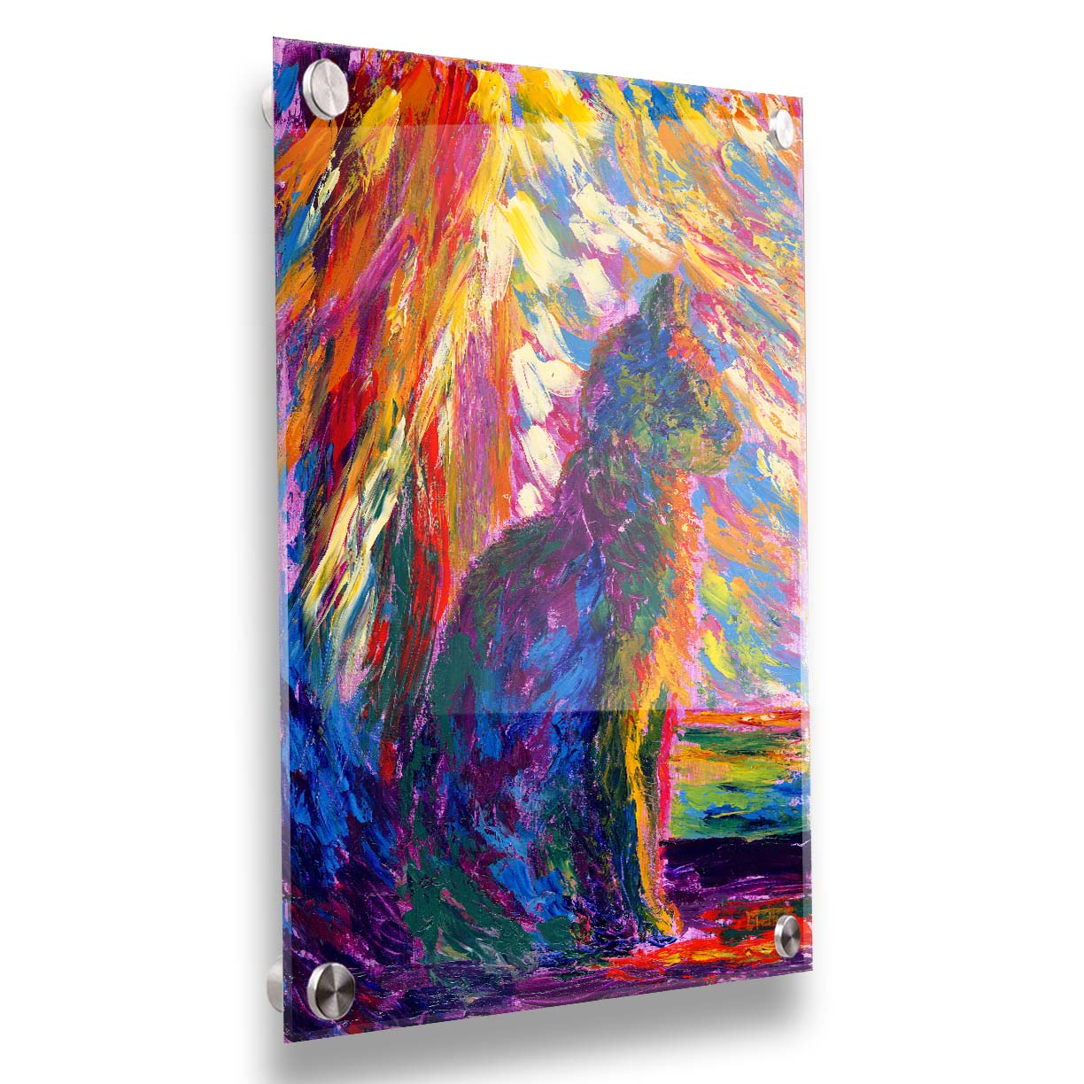 An abstracted painting of a cat, created using a rainbow of vibrant arbitrary colors in wide, visible brushstrokes. Printed on acrylic.