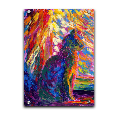 An abstracted painting of a cat, created using a rainbow of vibrant arbitrary colors in wide, visible brushstrokes. Printed on acrylic.