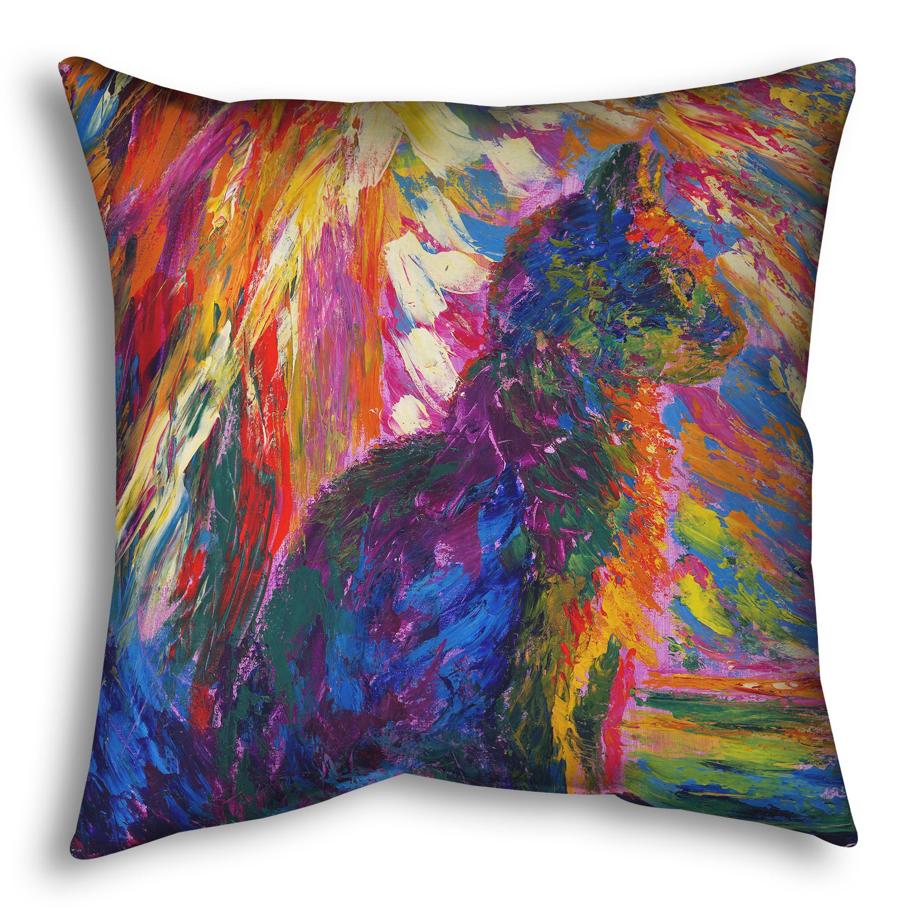 Throw pillow decorated with an abstracted painting of a cat, created using a rainbow of vibrant arbitrary colors in wide, visible brushstrokes.