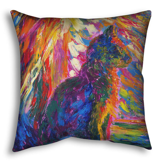 Throw pillow decorated with an abstracted painting of a cat, created using a rainbow of vibrant arbitrary colors in wide, visible brushstrokes.