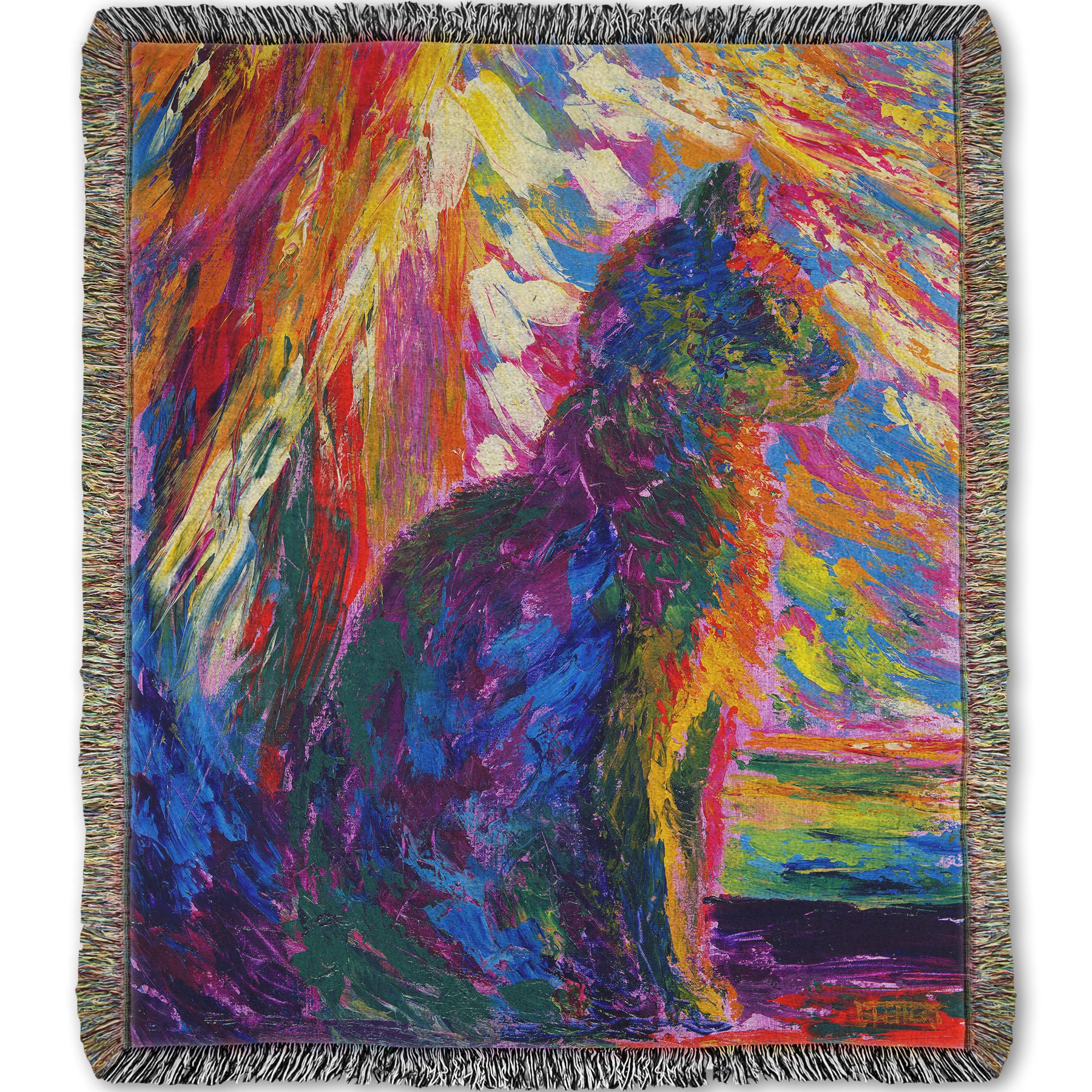 Woven throw blanket decorated with an abstracted painting of a cat, created using a rainbow of vibrant arbitrary colors in wide, visible brushstrokes.