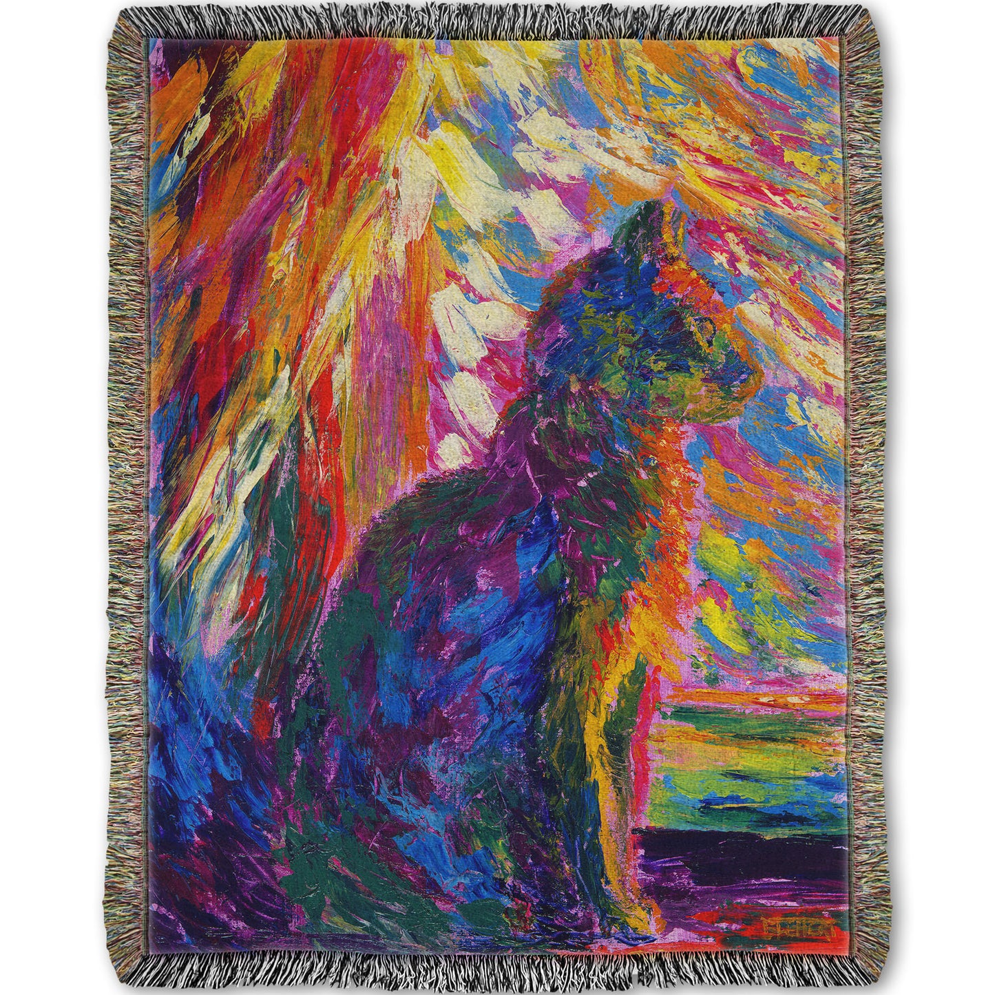 Woven throw blanket decorated with an abstracted painting of a cat, created using a rainbow of vibrant arbitrary colors in wide, visible brushstrokes.