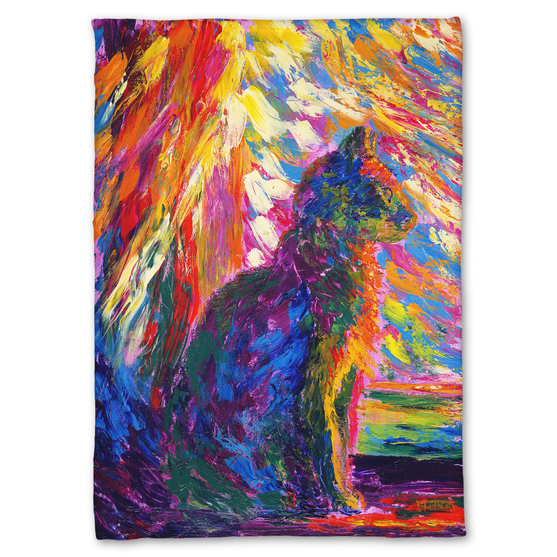 Coral fleece blanket decorated with an abstracted painting of a cat, created using a rainbow of vibrant arbitrary colors in wide, visible brushstrokes.