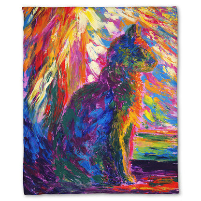 Coral fleece blanket decorated with an abstracted painting of a cat, created using a rainbow of vibrant arbitrary colors in wide, visible brushstrokes.