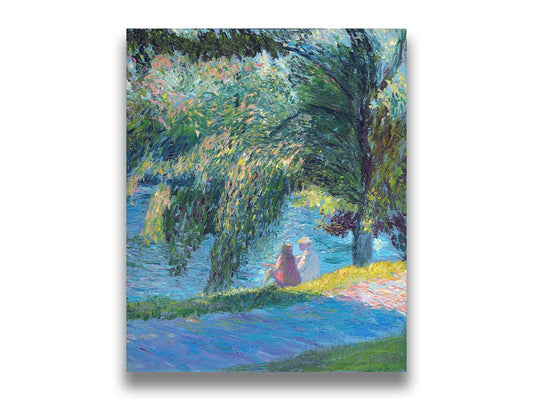 A painting of two people sitting by the water, near a park sidewalk, with a lare tree above them. Printed on canvas.